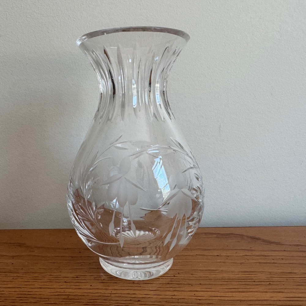 Vintage Etched Crystal Floral Bud Vase Clear Glass Floral Fuchsia Design